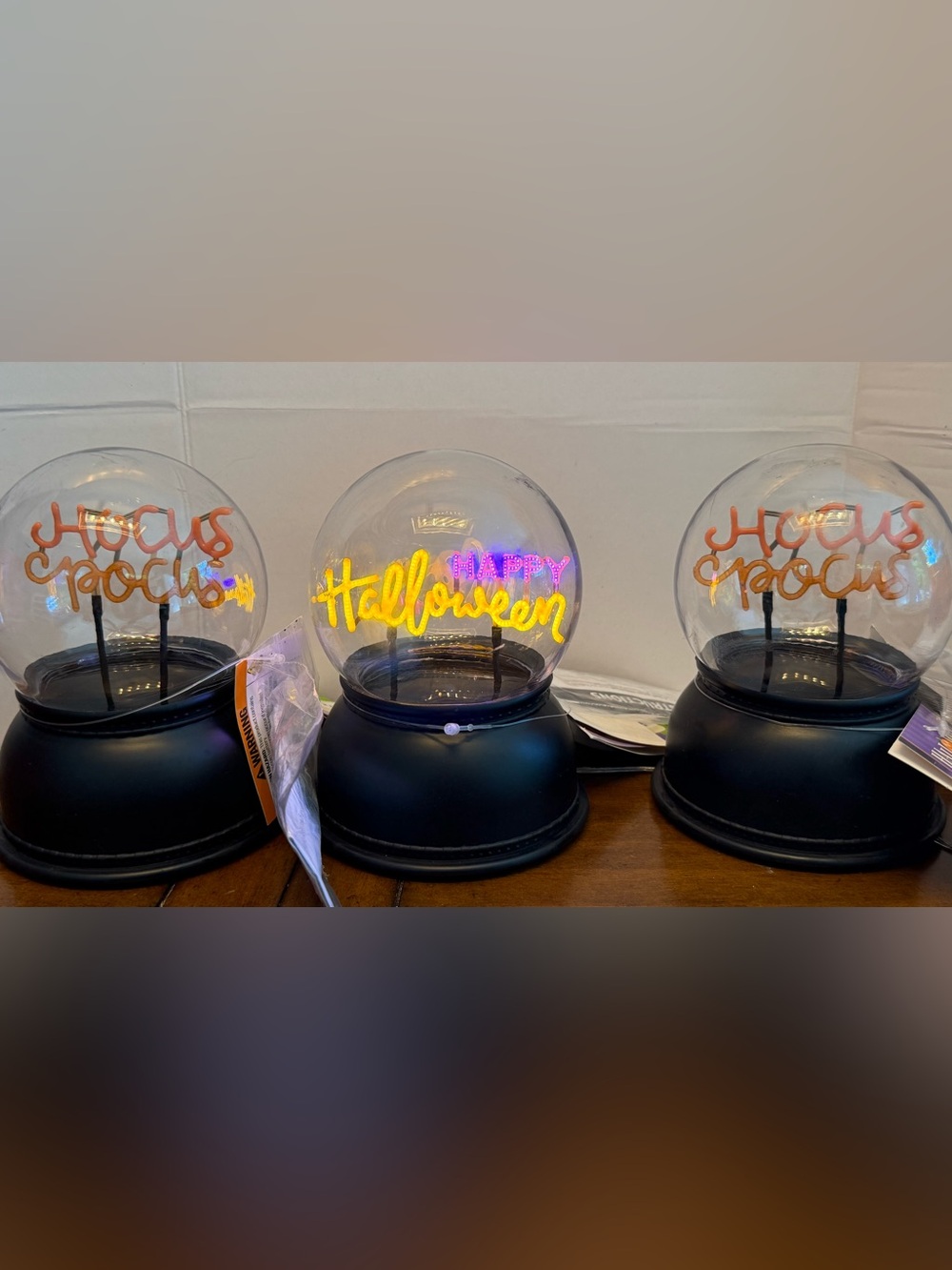 Halloween Sentiment LED Neon Snow Globe Table Decor lot of 3-happy Halloween